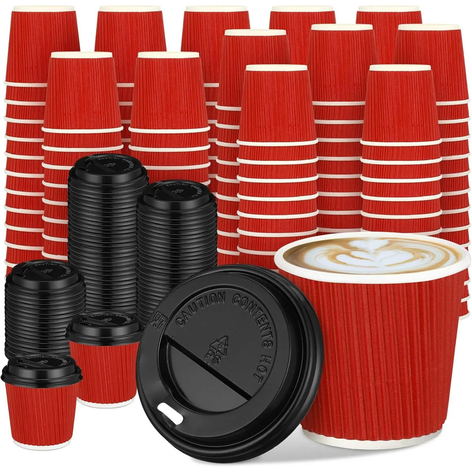 100 Set 4oz Disposable Espresso Cups with  Ripple Corrugated Paper Disposable Coffee Insulated Hot Ripple Cups for hot , , and Cocoa Drinks(Red)