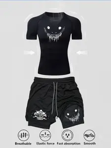 Men's Sporty Tight-Fit Quick-Dry Tee & Multi-Pocket Shorts Set, Gym Athletic Clothes, Ideal for Gym Running Training Fitness, Summer Outdoor Activities