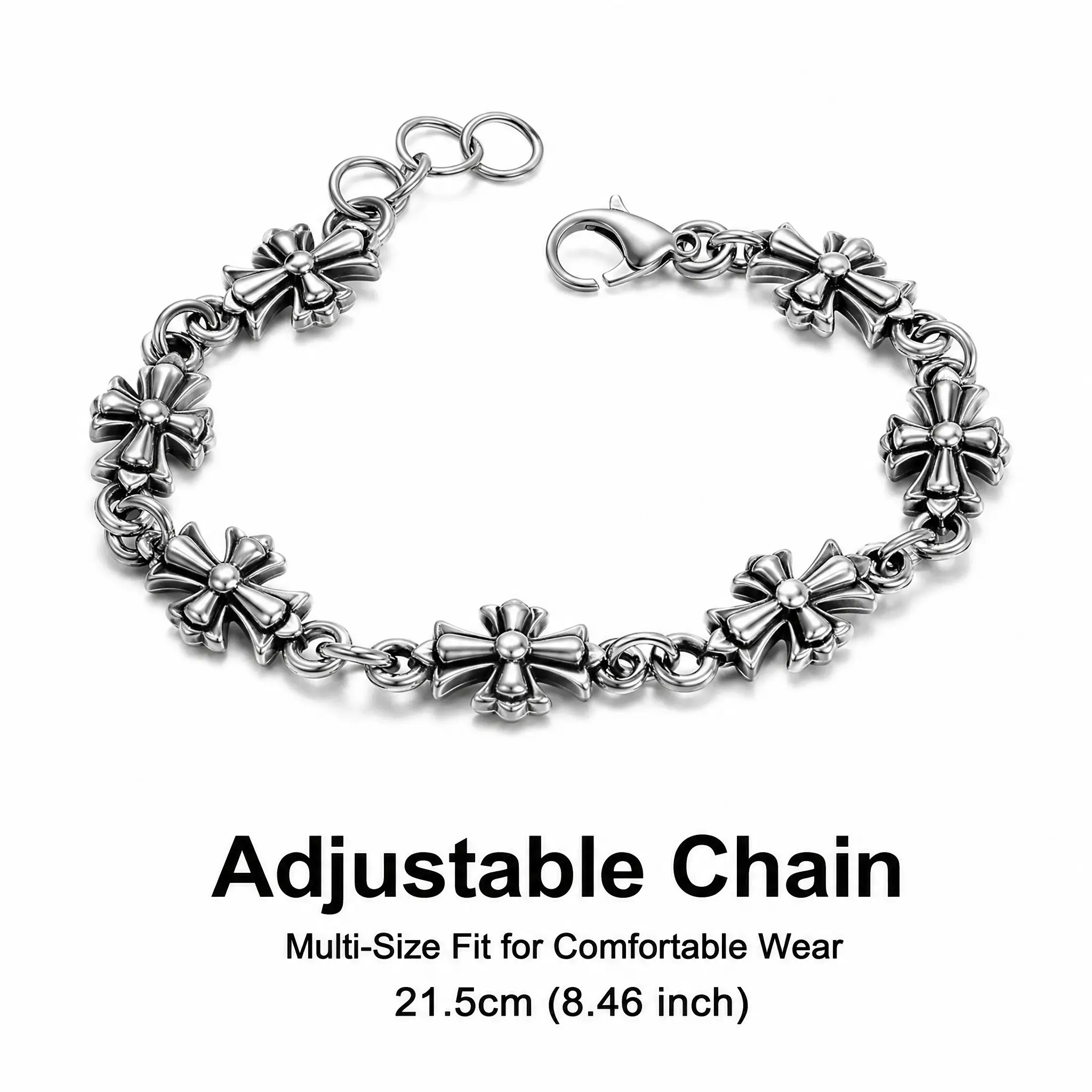 UNLOCK Gothic Cross Bracelet for Men Women, Vintage Silver Tone Cross Link Chain Bracelet, Stainless Steel Punk Streetwear Jewelry, Adjustable