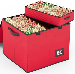 Venkuber HD-RedBox Christmas Ornament Storage Box - 144-Count, 3 in, 8 Separate Trays, Adjustable Insert, Window Design, Tree Holiday Home Organizer Bin