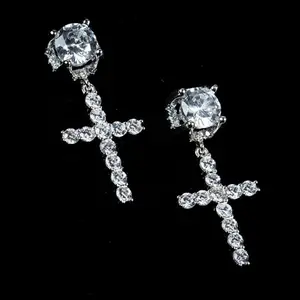 Trendy Silver Hip Hop Cross Cubic Zirconia Stone Ear Drops, Couples' Artificial Gemstone Stud Earrings, Cubic Zirconia Stones