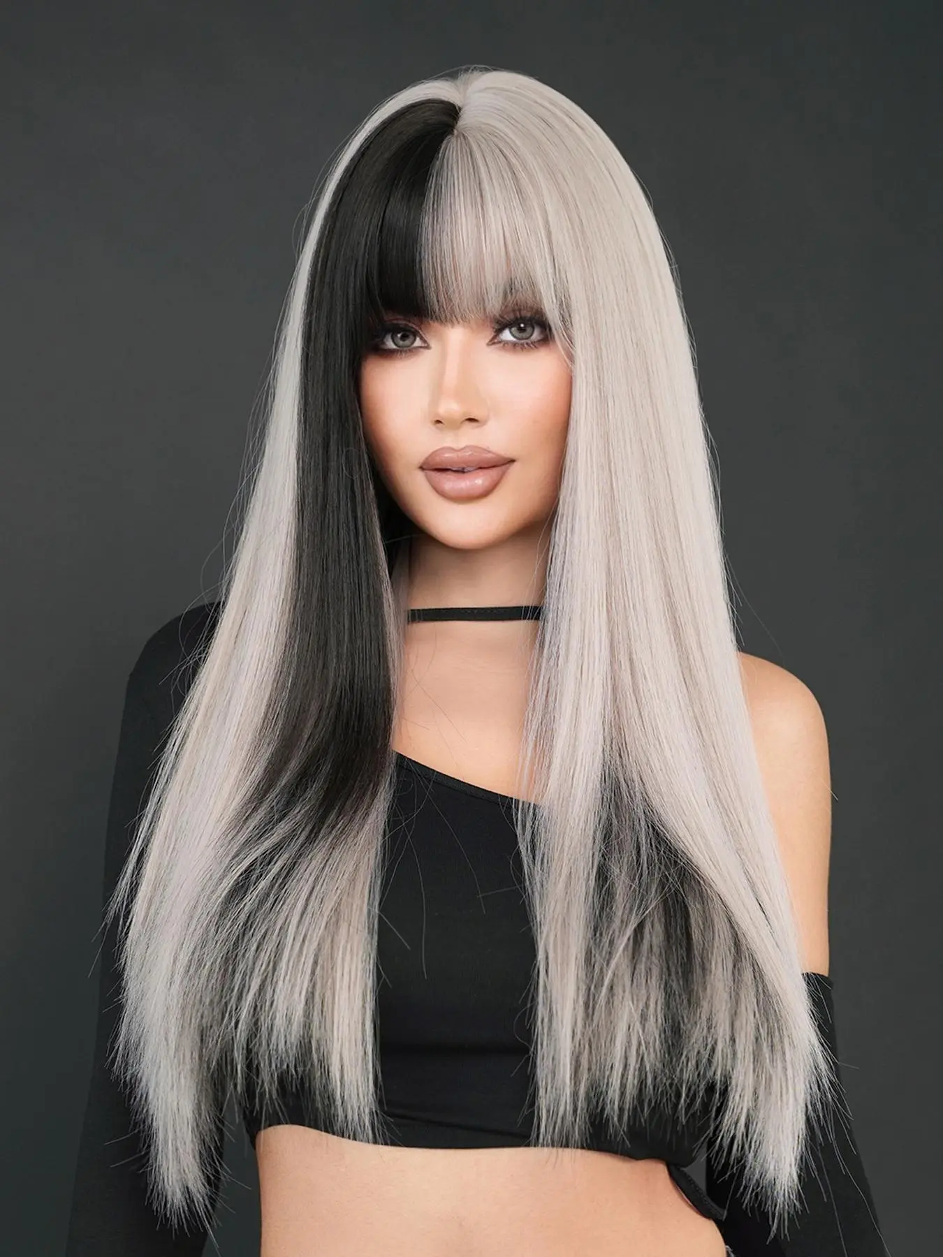 Black to Grey Synthetic Wigs With Bangs NEW Long Straight Synthetic Wig with Bangs Dark Black Gray Hair  main image 3
