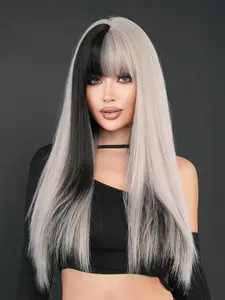 26 Inch Long Straight Long Straight Gray with Black Wigs for Women, 2024 Beginners Glueless Wig, Gorgeous Fluffy Wigs with Bangs, Synthetic Wigs for Party, Daily  Hairstyles Ideas Use, Synthetic Material Wigs