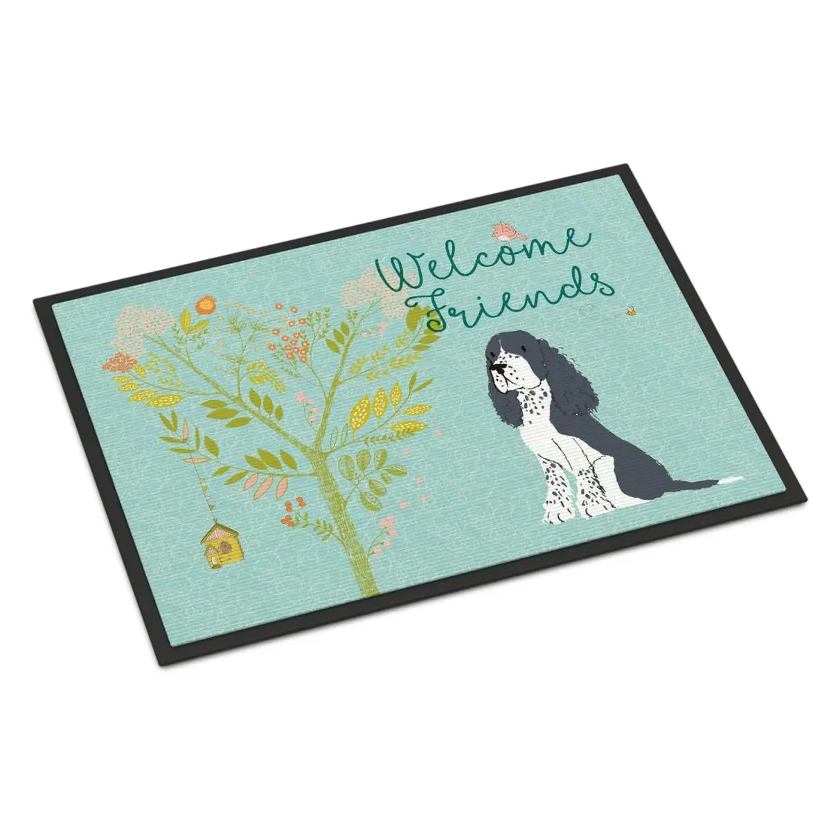 212 MAIN Black Springer Spaniel "Welcome Friends" Printed Home Decorative Rug - 18x27 in., Indoor/Outdoor Use, Felt Backing, Rubber Grip, Durable Mat