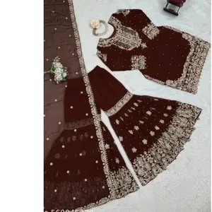 Women  Designer  brown  Party Wear Top Sharara Plazzo & Dupatta Set for Indian Weddings Diwali Celebrations Party Suits