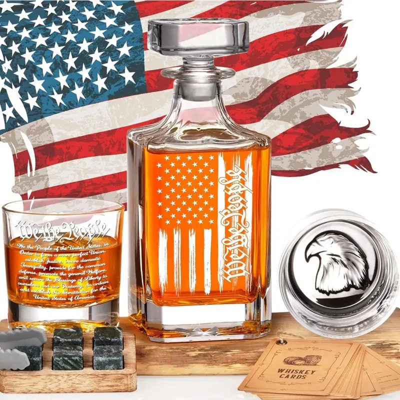 American Flag Whiskey Decanter Set – “We The People” Patriotic Decanter with 2 Glasses – Veteran Gift – USA Bar Set
