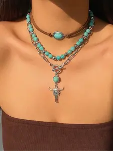 Three-Piece Fashionable Cow Head Geometric Necklace Set, Perfect for Women Any Occasion, Stylish Holiday Style Jewelry, Adjustable Necklace