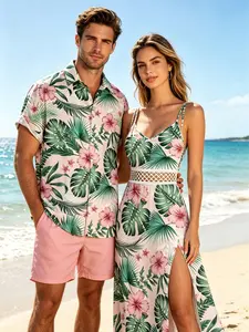 DRESSLILY Women's Polyester Couple 2-Piece Outfit Set - Lady's Sleeveless High Waist Hibiscus Floral Leaf Geometric Lace Panel Hollow Out Long Dress & Button-Up Shirt, 2026 Vacation Casual Beach Comfortable Women's Clothes