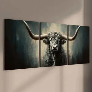 3 Counts Wooden Framed Canvas, Majestic Longhorn Bull Painting, Exquisite Poster, Perfect Living Room Decoration, Modern Art, Fashion Family Poster, Wall Art Decoration, Odorless, Artwork