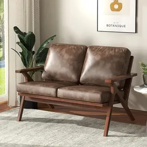 [TikTokShopBlackFriday]EBELLO Home Mid-Century Modern Loveseat Sofa, 2-Seat Faux Leather Upholstered Armchair with Removable Cushions, Comfortable Retro Faux Leather Sofa for Living Room, Bedroom,