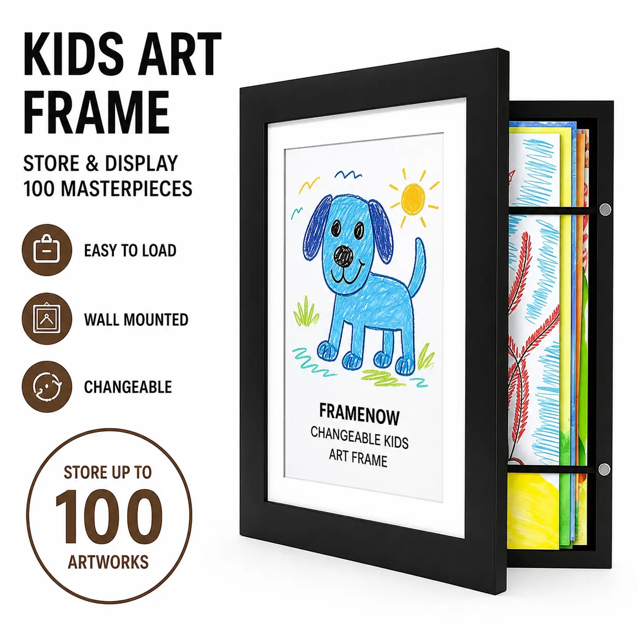 Children's Art Picture Frame Front Open Art Museum Art Display Stand is replaceable magnetic door can accommodate 100 pieces of art Black children's art frame wall art picture frame 3D pictures handicrafts hanging art art collection