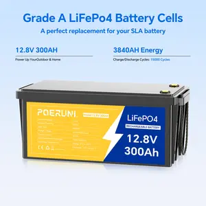 POERUNI 12V 300Ah LiFePO4 Deep Cycle Battery for Solar RV Marine Off-Grid Special Interface