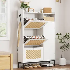 White Shoe Cabinet, Natural Rattan Freestanding Shoe Organizer with 3 Flip-out Drawers and 4 Open Shelves Side Cabinet, Slim Wood Shoe Rack with Metal Legs for Entryway, Hallway, Living Room Adjustable Smooth Wooden