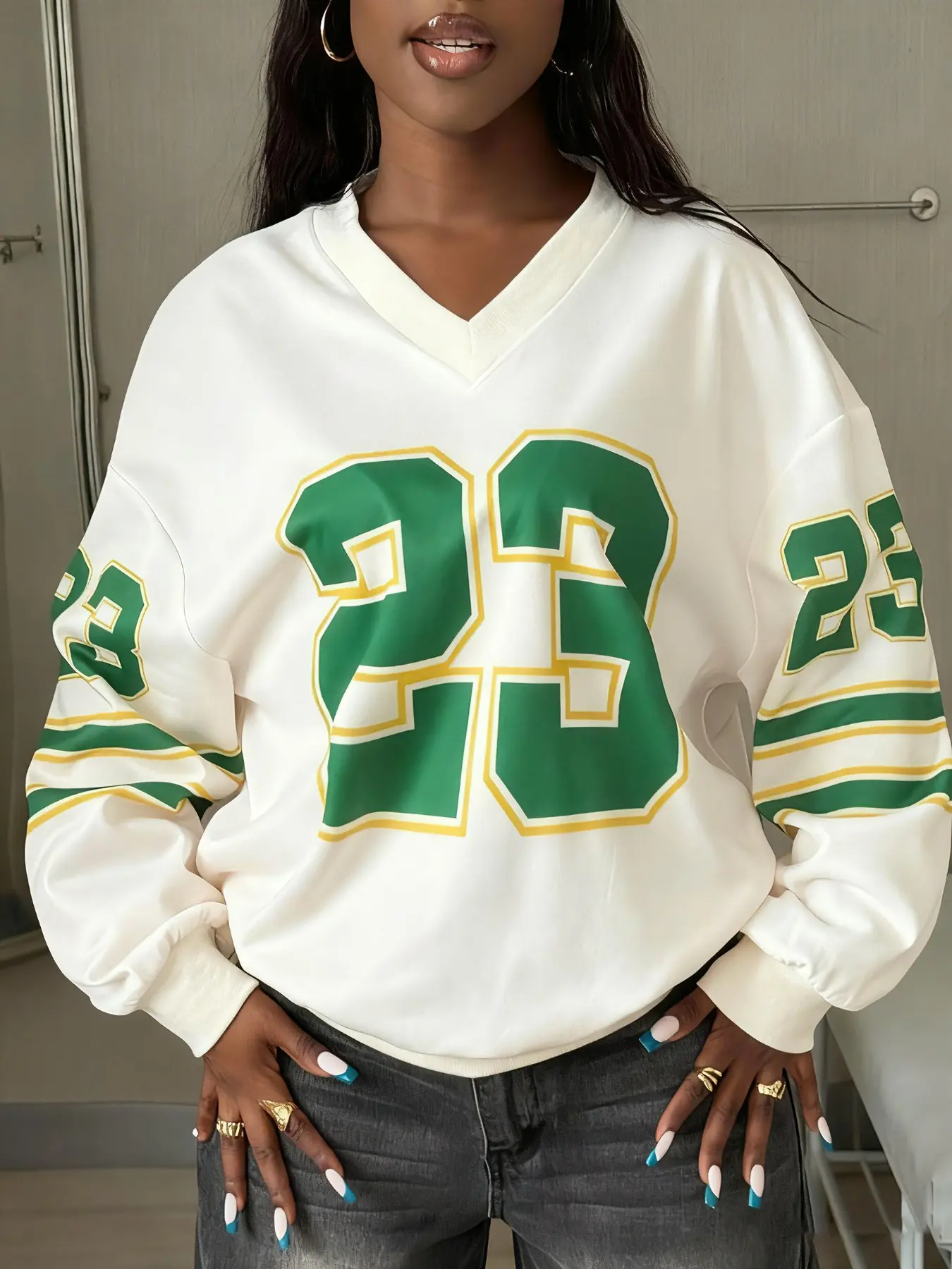 Loose Fit 23 Number Jersey Style Oversized Sweatshirt, Vintage V Neck Long Sleeve Top, Y2K Streetwear Ball Game Day Shirt, Womenswear