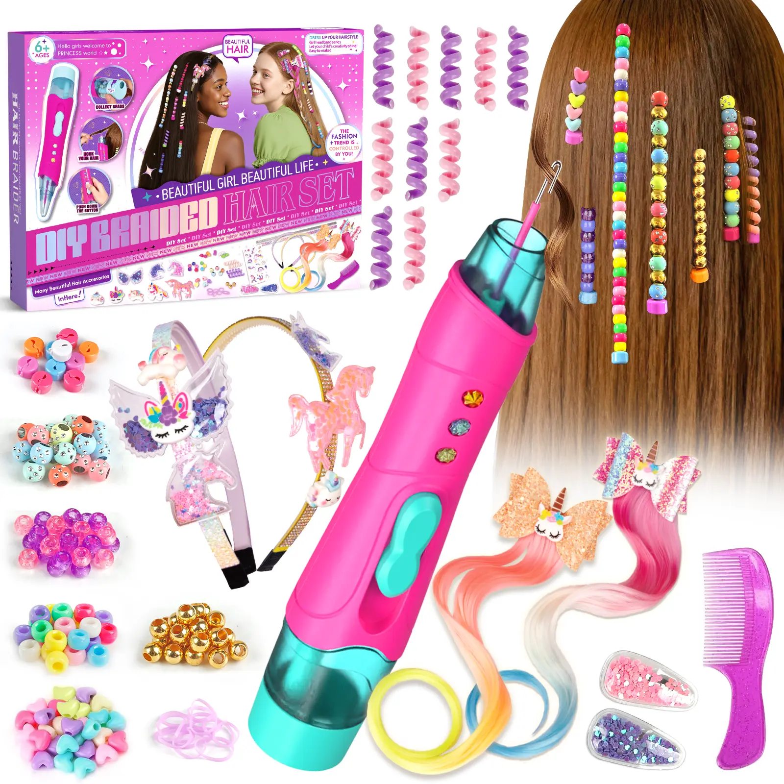 Girls DIY Hair Braiding Kit Creative Hair Accessories Craft Toy for Girls Ages 5-10 Fun Birthday Gift with Beads and Tools, Hair Decor, Elastic Hair Accessory