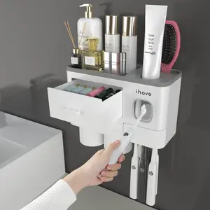 Toothbrush Holders for Bathrooms, 2 Cups Toothbrush Holder Wall Mounted with Toothpaste Dispenser - Large Capacity Tray, Cosmetic Drawer