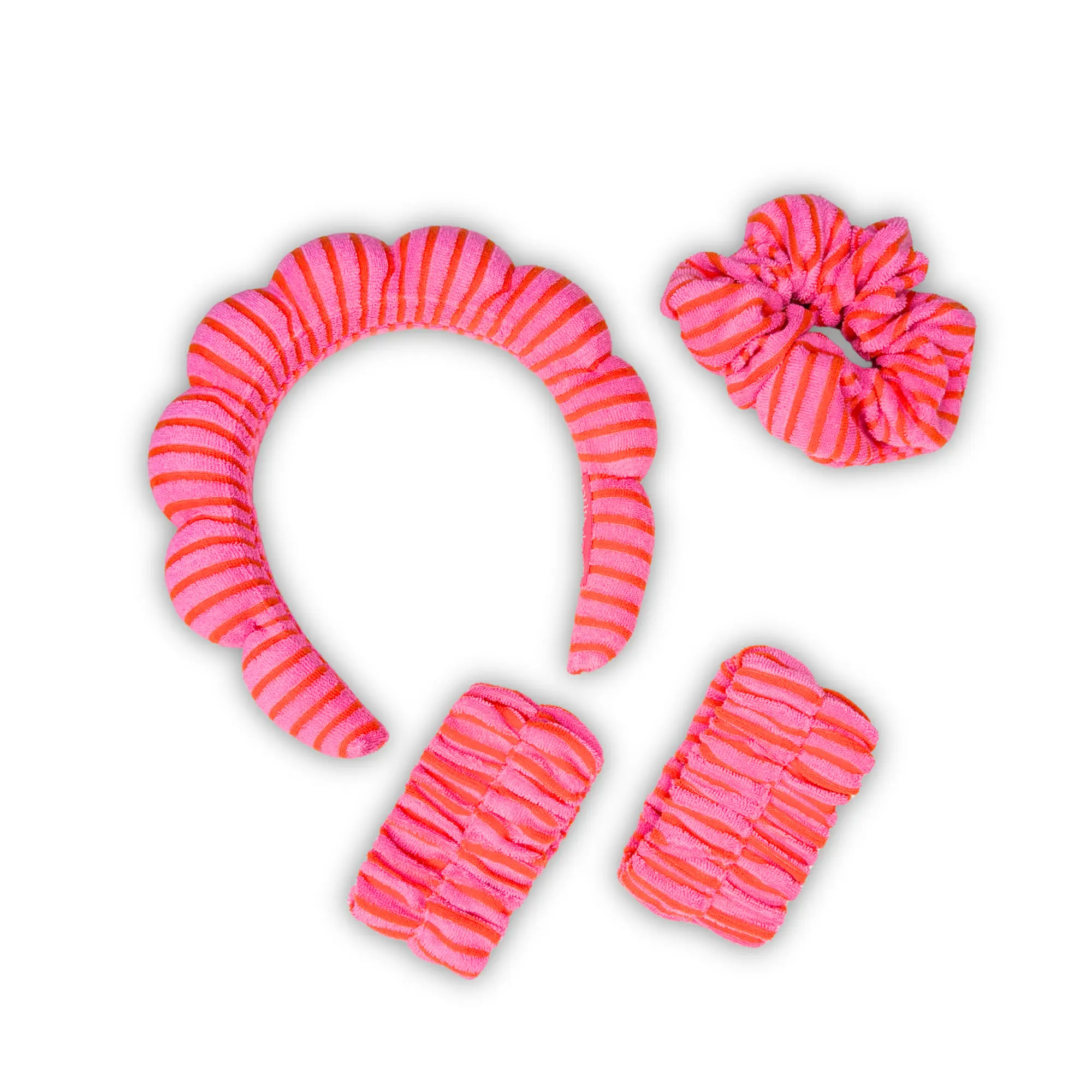 Cabana Stripe GRWM Spa Set – Pink + Orange Absorbent Towel Headband, Scrunchie & Wristbands