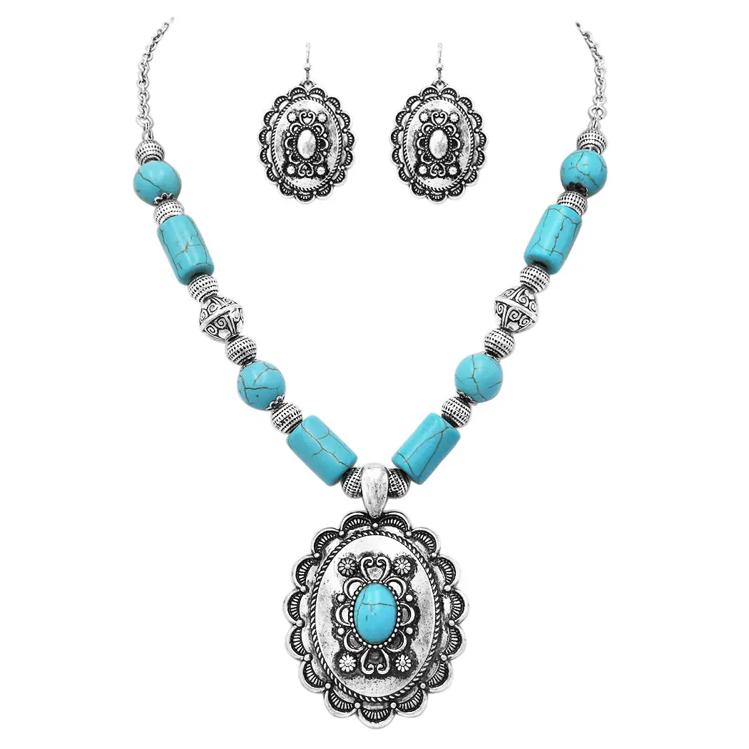 Southwestern Cowgirl Chic Statement Wear Pendant Set with Turquoise Howlite Stone Beads, 18+3in Adjustable Chain, Crescent Moon Concho Medallion, Necklace & Earrings in Gift Box Ideas, Turquoise Hues