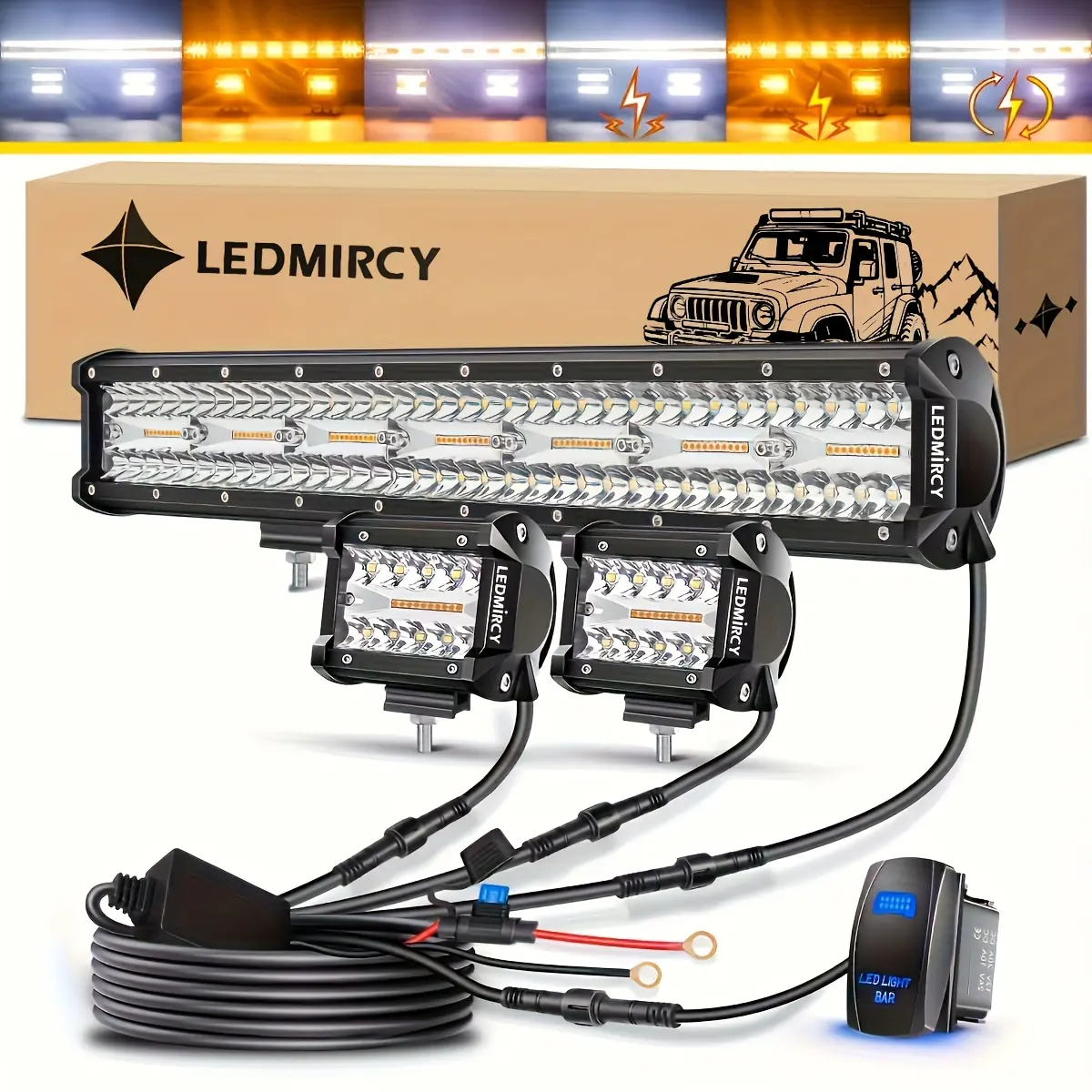 LEDMIRCY 20" LED Light Bar with 4" Pods Set - 6 Modes White & Amber Strobe, Memory Function, IP68 Waterproof Truck LED Light Bar Kit with Rocker Switch Harness for SXS, UTV, ATV, Ford F150, Silverado, Ram
