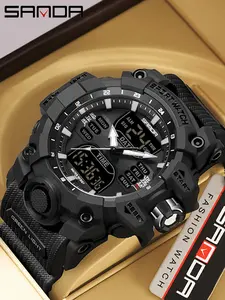 Men's Waterproof Tactical Sport Watch, Dual Display Quartz Clock, Military-Style Alarm & Stopwatch, Sanda 6126 Electronic Wristwatch