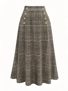 Elegant Women's Plaid Midi Skirt, High Waist A-Line Flared, Fitted Slimming Fit, Everyday Casual Style Commute Wear, Light Business Occasions, Dating & Afternoon Tea
