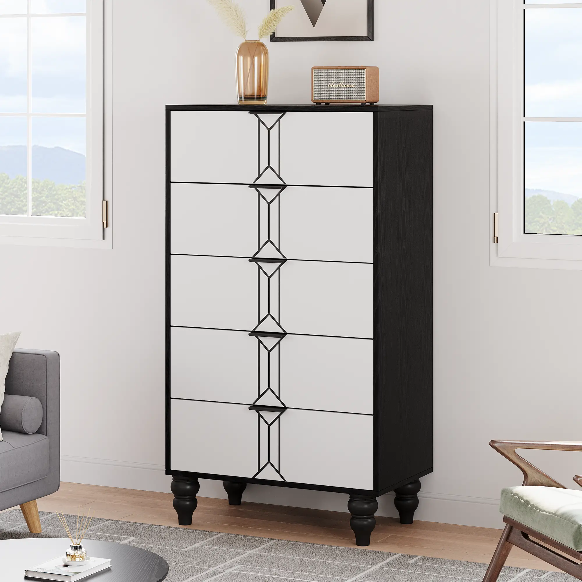 5 Drawers Dresser, Modern Wooden Tall Dresser with Deep Drawers, Chest of Drawers for Bedroom, Living Room, Hallway, Entryway
