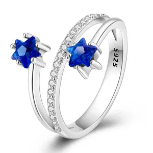 Double Blue Star Ring 925 Sterling Silver, Blue Star Gems, Accent For Celestial Jewelry, For Stackable Jewelry Lovers, Everyday Wear Women's Rings