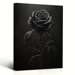 1 Piece Gothic Rose Canvas Wall Art with Wooden Frame - Black Background, Red Dripping Petals and Thorns, Rose Print, Modern Bathroom Decoration, Vintage Gothic Tapestry, Home Office Wall Art, Craftsmanship, 2D Plane, Perfect Room Decoration