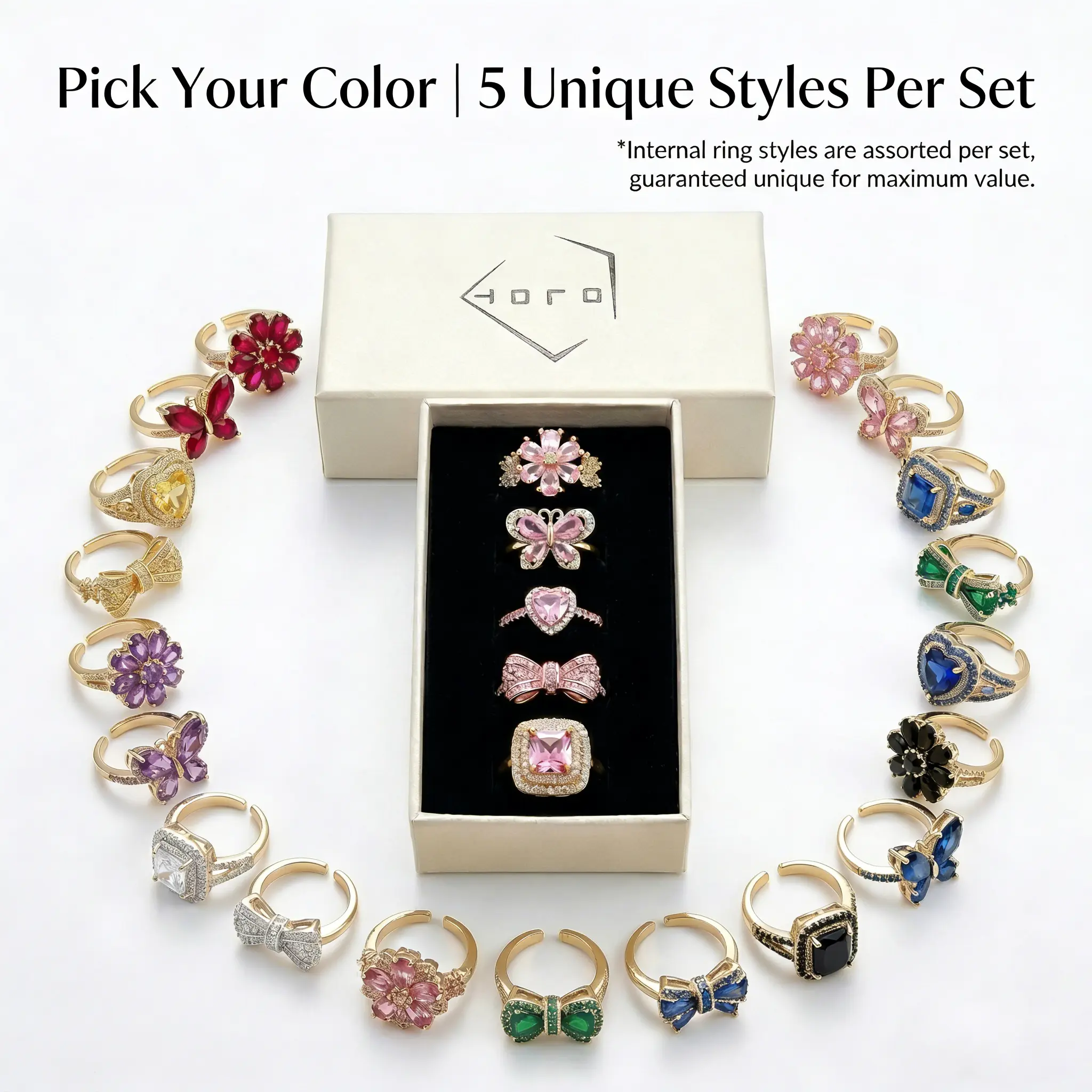 OLDT 5 Pcs Gemstone Ring Set, Choose Your Color (Assorted Styles), Adjustable Stacking Rings for Women Y2K Aesthetic