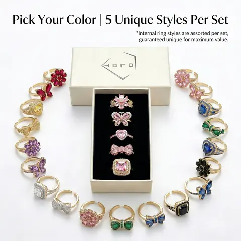 OLDT 5 Pcs Gemstone Ring Set, Choose Your Color (Assorted Styles), Adjustable Stacking Rings for Women Y2K Aesthetic