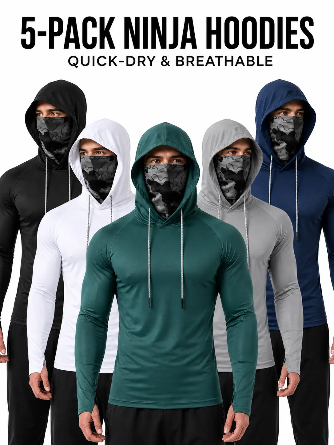 Men's 5-Pack Hooded Sun Shirts - Lightweight, Breathable Long-Sleeve Outdoor Tops for Fishing, Hiking