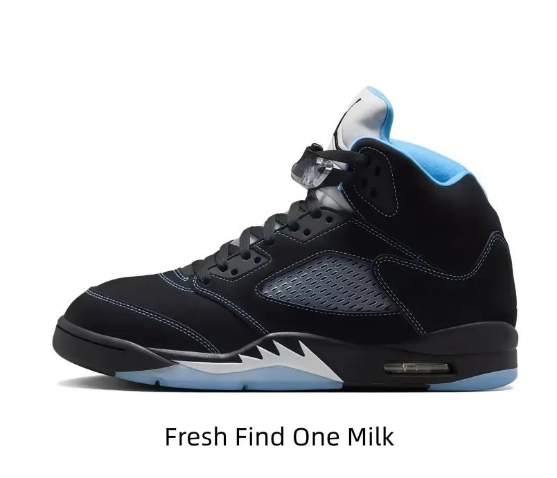 Black suede high-top basketball sneakers with light blue lining and icy outsole, mesh side panels and contrast stitching create a sharp look for streetwear outfits.
