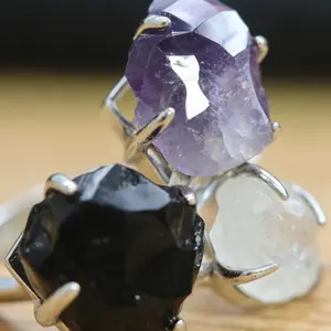 Natural Amethyst Obsidian Clear Quartz 3-Stone Raw Ring | Multi-Chakra Healing Stone, Cleanses Negative Energy, Eases Anxiety, Boosts Wisdom & Attracts Abundance. Top choice for daily commutes, office & gifting. Perfect energy protective ring for besties