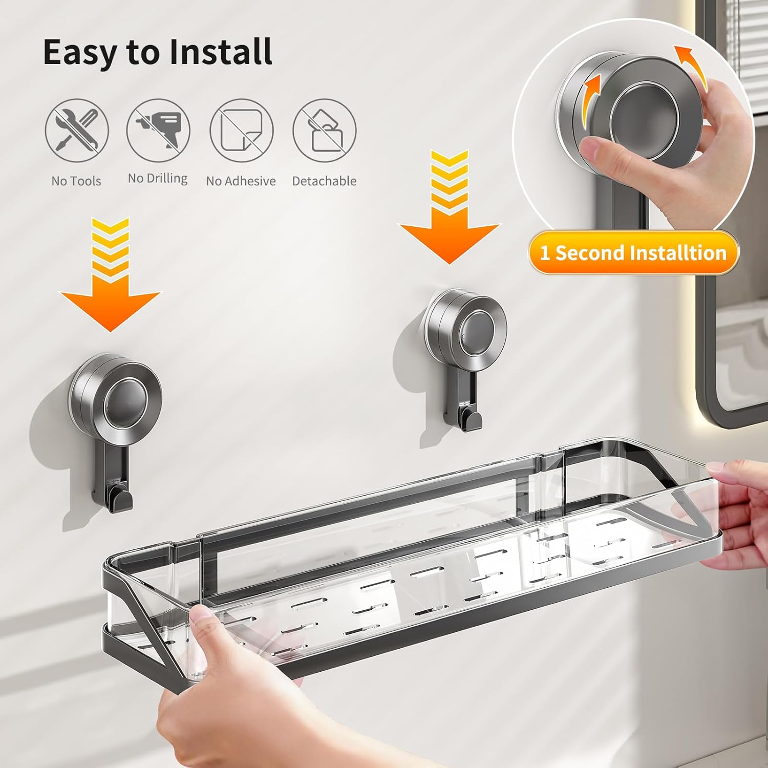 Shower Caddy Suction Cup,Detachable Bathroom Shower Organizer for Bathroom Storage, Wall Mounted Shower Shelves,Rustproof Shelf No Drilling Large Capacity Removable Rack 1 Pack Grey