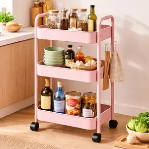 3 Tier Rolling Cart, Metal Utility Cart with 4 Hooks Storage Cart on Wheels Craft Cart with Handle for Organizer Storage for Classroom Office Dorm Home Pink and white.