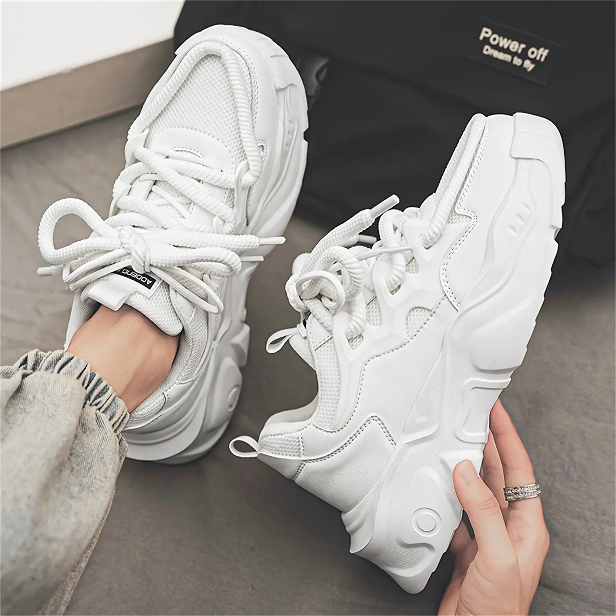 Men's Fashion PU Leather Athletic Road Running Trainers - Adjustable Laces, Chunky Thick-Soled, All-Seasons Casual Outdoor Activity Shoes, Sporty Chic