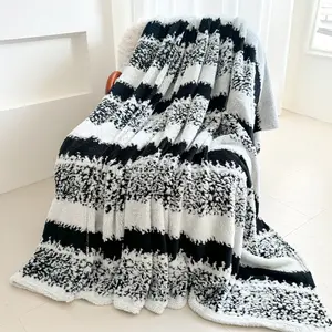 1Pc black and white striped flannel blanket with grained jacquard design, soft and comfortable, all-season office nap shawl or bed blanket, Throw blanket, warm leg blanket, Bedroom Decor, Striped blankets, Soft Cozy Blanket