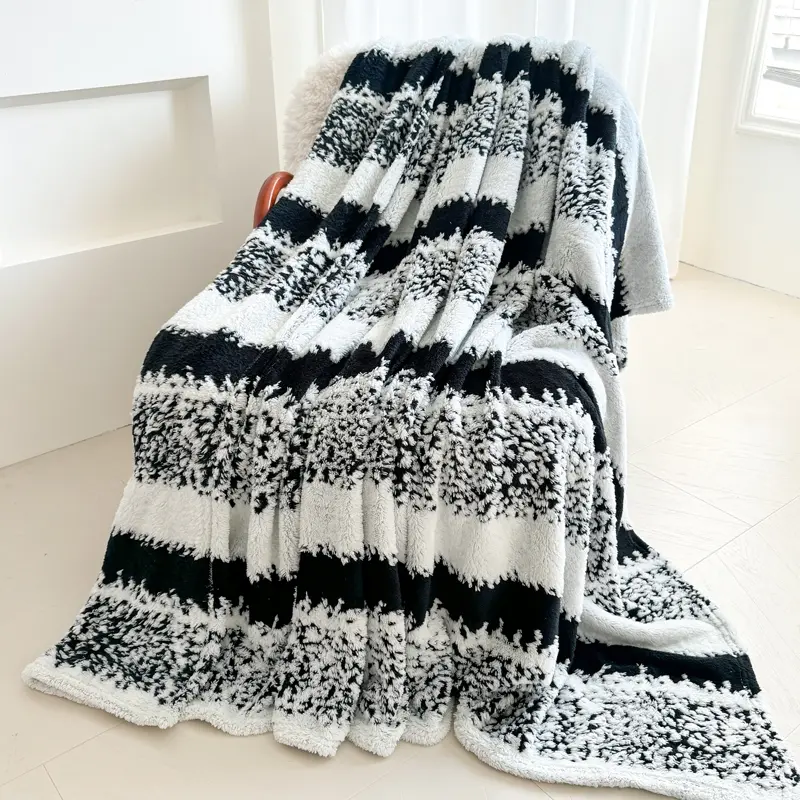 1Pc black and white striped flannel blanket with grained jacquard design, soft and comfortable, all-season office nap shawl or bed blanket, Throw blanket, warm leg blanket, Bedroom Decor, Striped blankets, Soft Cozy Blanket
