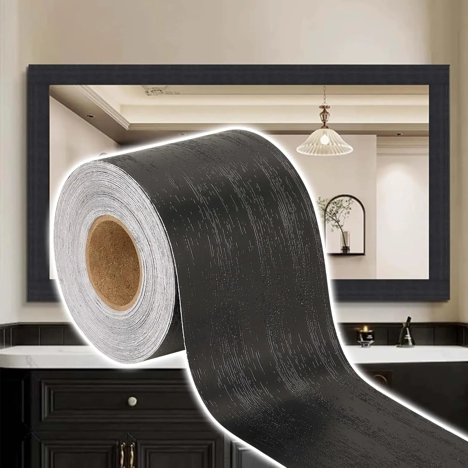 10M Black Mirror Border Wood Grain Wallpaper Border Tape Removable PVC Peel and Stick Bathroom Mirror Frame Border Tape (Black, 2Inch x 33FT)
