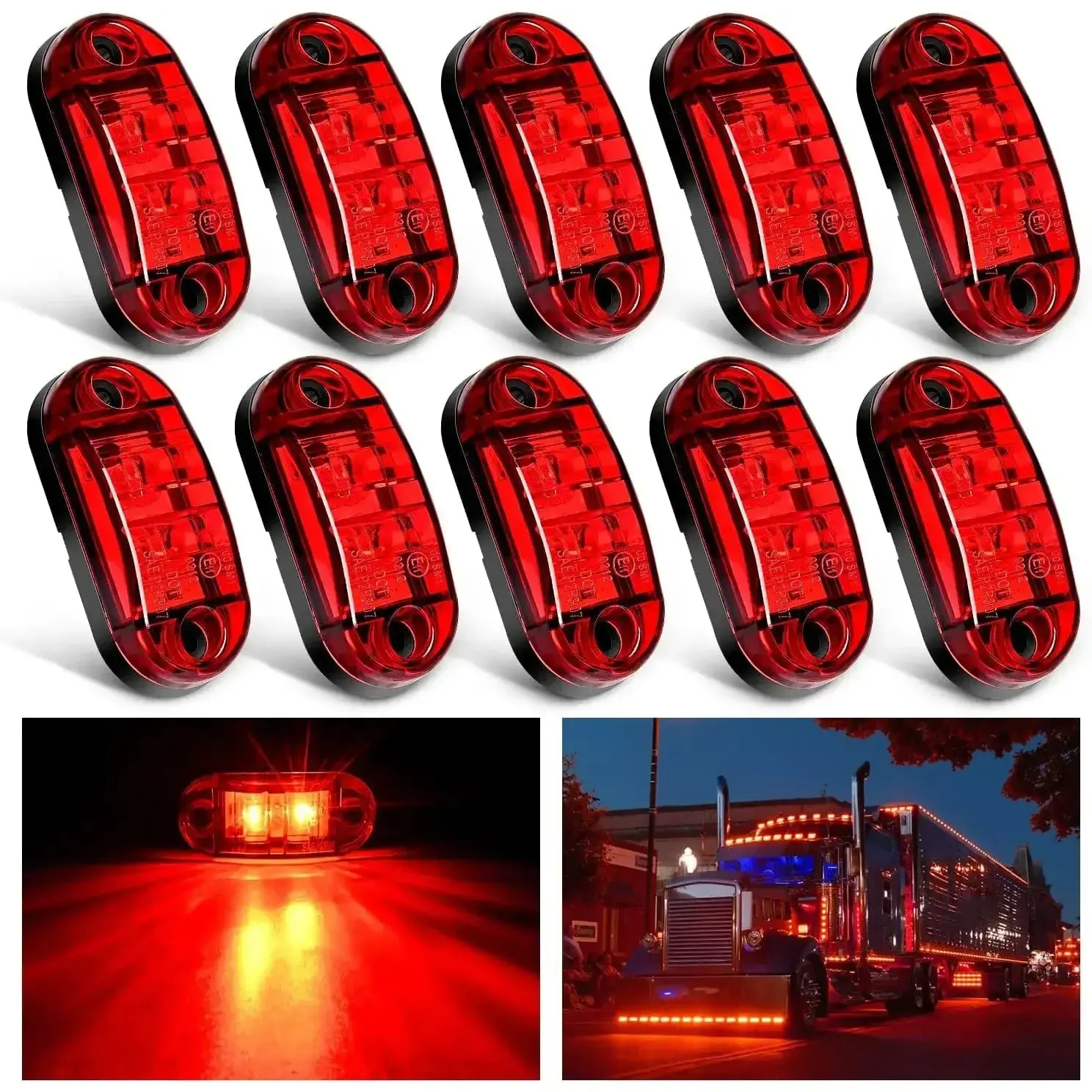 Nilight 2.5 Inch Oval Red LED Auxiliary Car Side Marker Lights, 10 Pcs Flush Mount Indicator Lights for Vehicles, Auxiliary Lights