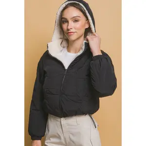 Cropped Hooded Sherpa Reversible Jacket