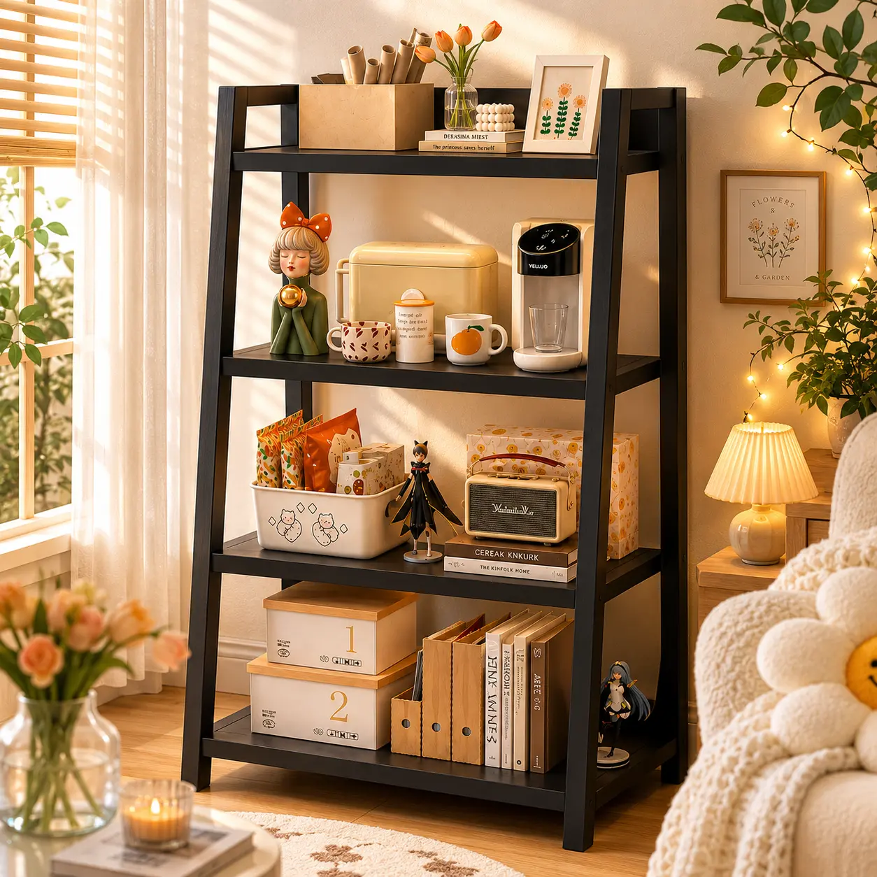 4 Tier Metal Bookshelf - Freestanding Industrial Decorative Household Organiser, Photo Display Rack with Room Storage for Living Room, Office