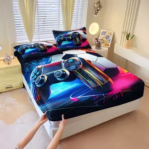 3Pcs Gaming Controller & Soccer Pattern Fitted Sheet Set, Cozy Breathable Bedding Set, Soft Microfiber, All-Season, Bedroom Decor for Teens, Gamers, Perfect Gift for Sports Video Game Lovers. Includes 2 Pillowcases, No Pillow Core