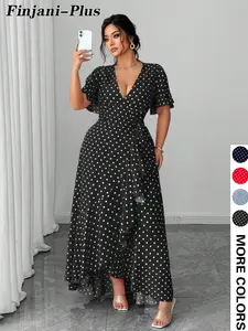 Plus Size V Neck Polka Dot Dress Casual Wear Summer Waist Cinching Flounce Irregular Long Skirt, Stylish Women's Fashion Clothing, Elegant