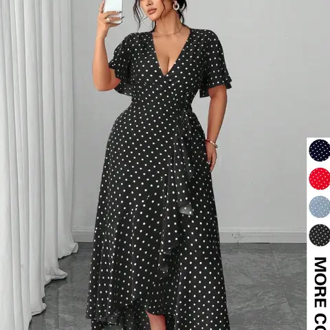 Plus Size Elegant Polka Dot Print V Neck Dress, Casual Summer Wear, Waist Cinching Adjustable Belt Flounce Ruffled Sleeve Irregular Hem Flowy Long Dress, Women's Stylish Fashion Chic Clothing, Polka Dot Dresses