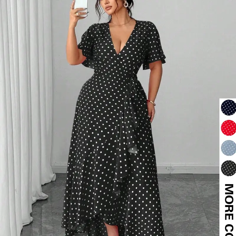 Plus Size Elegant Polka Dot Print V Neck Dress, Casual Summer Wear, Waist Cinching Adjustable Belt Flounce Ruffled Sleeve Irregular Hem Flowy Long Dress, Women's Stylish Fashion Chic Clothing, Polka Dot Dresses