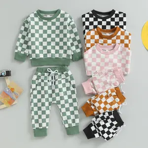 Toddler Baby Boy Girl Fall Outfits Checkerboard Plaid Sweatshirt Tops Elastic Jogger Pant 2PCS Sweatsuit Clothes Set