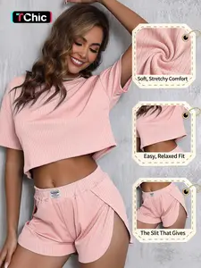 Women's Summer Pajama Set, Casual Round Neck Short Sleeve Top & Elastic Waist Shorts, Comfortable Home Wear, Two-Piece Loungewear, Nightwear, Casual Sleepwear Set