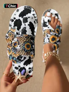 Vortread Summer New Women's Sandals, Leopard Print Flat Sandals, Round Toe, Lightweight Comfortable Sole, Casual Beach Holiday Shoes, Ethnic Style Sandals