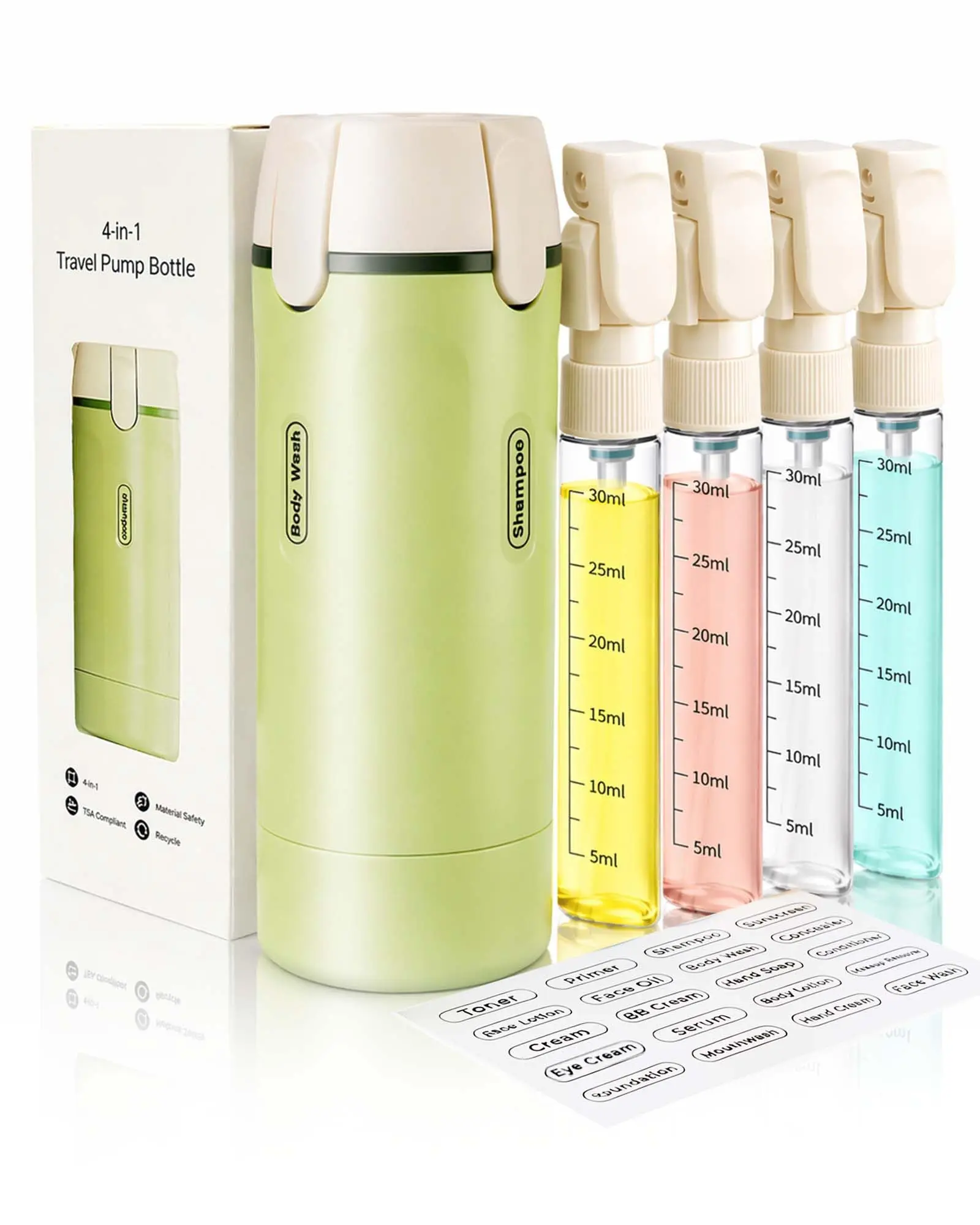 4-in-1 Compact Portable Travel Toiletry Dispenser Canister - TSA-Approved, Leakproof Plastic-Silicone Squeeze Refillable Container for Shampoo, Makeup, Lotion, Checkpoint-Friendly Home Organizer with Storage for Toiletries